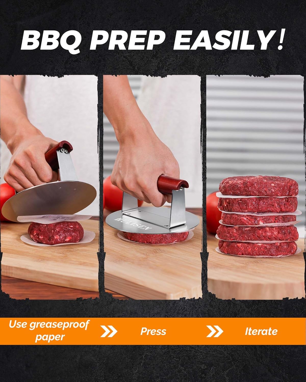 HULISEN 6.2" Stainless Steel Smashed Burger Press with Extra Wide Heat-Resistant Wood Handle, Burger Smasher for Flat Top Griddle, Grill, Skillet, Cast Iron Pan, Hamburger Cooking Accessories