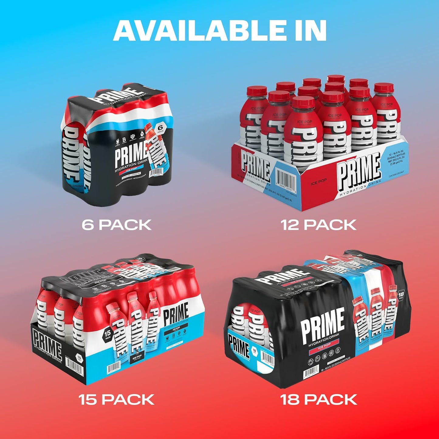 PRIME Hydration ICE POP, Sports Drinks, Electrolyte Enhanced for Replenishing Fluids, 250mg BCAAs, B Vitamins, Antioxidants, Low Sugar, 16.9 Fl Oz, 12 Pack