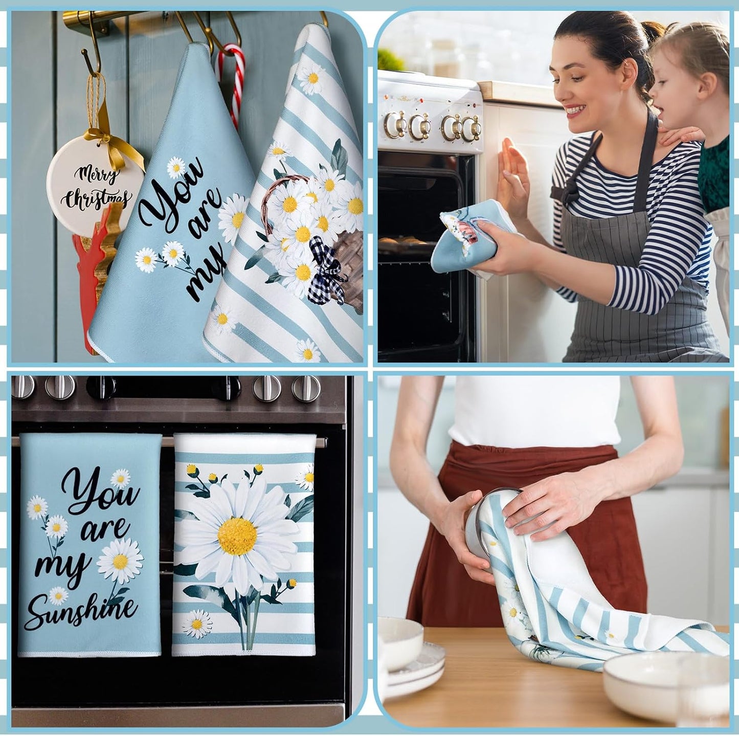 Boyiee Set of 6 Daisy Flower Kitchen Towels Daisy Stripes Tea Towels Floral Absorbent Dishtowels 24 x 16 Inches Housewarming Gifts Blue Hand Wash Cloth for Farmhouse Kitchen Bathroom Decorations
