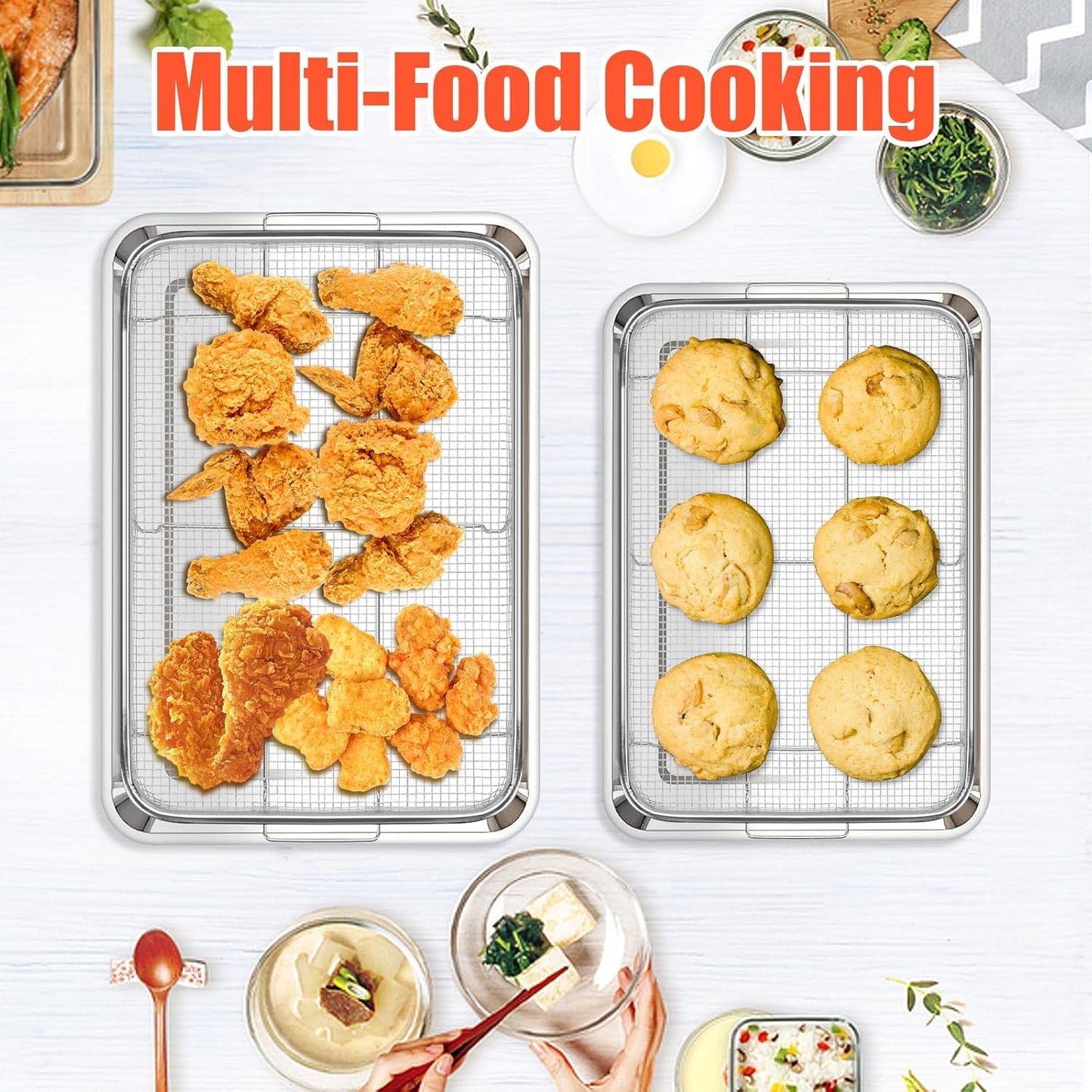 2 Set Air Fryer Basket,Oven Air Fryer Basket and Tray Set 15.6" x 11.6" &12.9"x9.7", Non-Stick Surface,Easy to Clean,With 100 PCS Parchment Papers