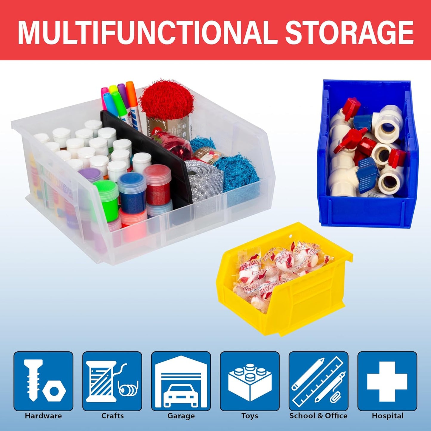 Akro-Mils 30220 AkroBins Plastic Storage Bins, Space-Saving Stackable Bins for Garage, Pantry, Craft Organization, 7-" x 4-" x 3-", Blue, 24-Pack