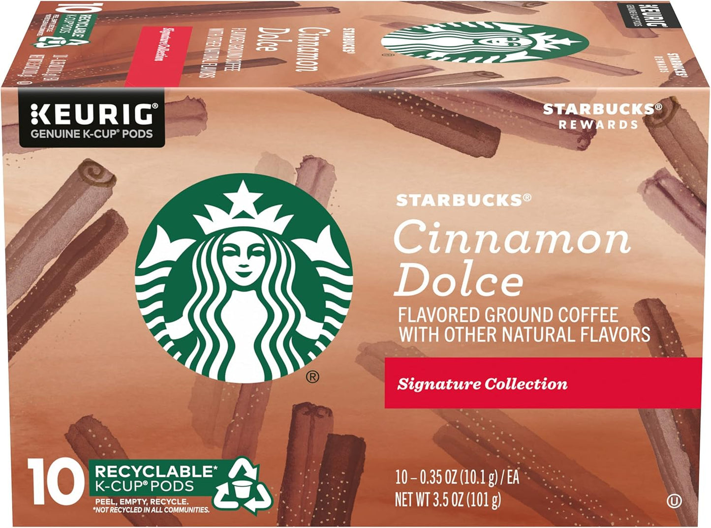Starbucks Flavored Ground Coffee K-Cup Pods,Cinnamon Dolce,Flavored Ground Coffee Signature Collection,Recyclable K-Cups,10 K-Cup Pods/Box (Pack of 2 Boxes),10 Count (Pack of 2)