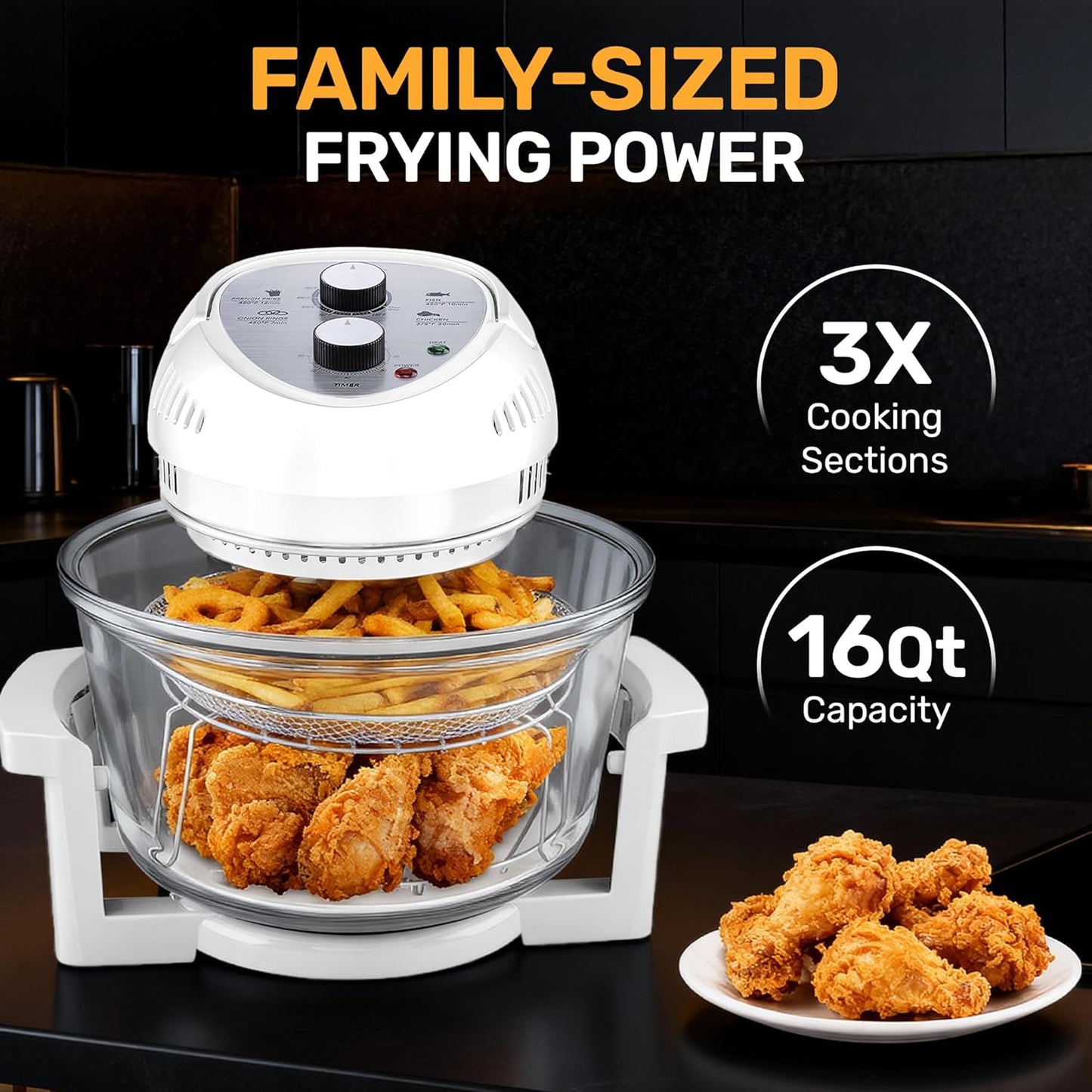 Big Boss 16Qt Extra Large Glass Air Fryer Non Toxic – Family Sized 4 in 1 Cooker with 3 Cooking Sections, Stainless Steel Racks for French Fries, Chicken, No Preheat, Self Cleaning, Dishwasher Safe