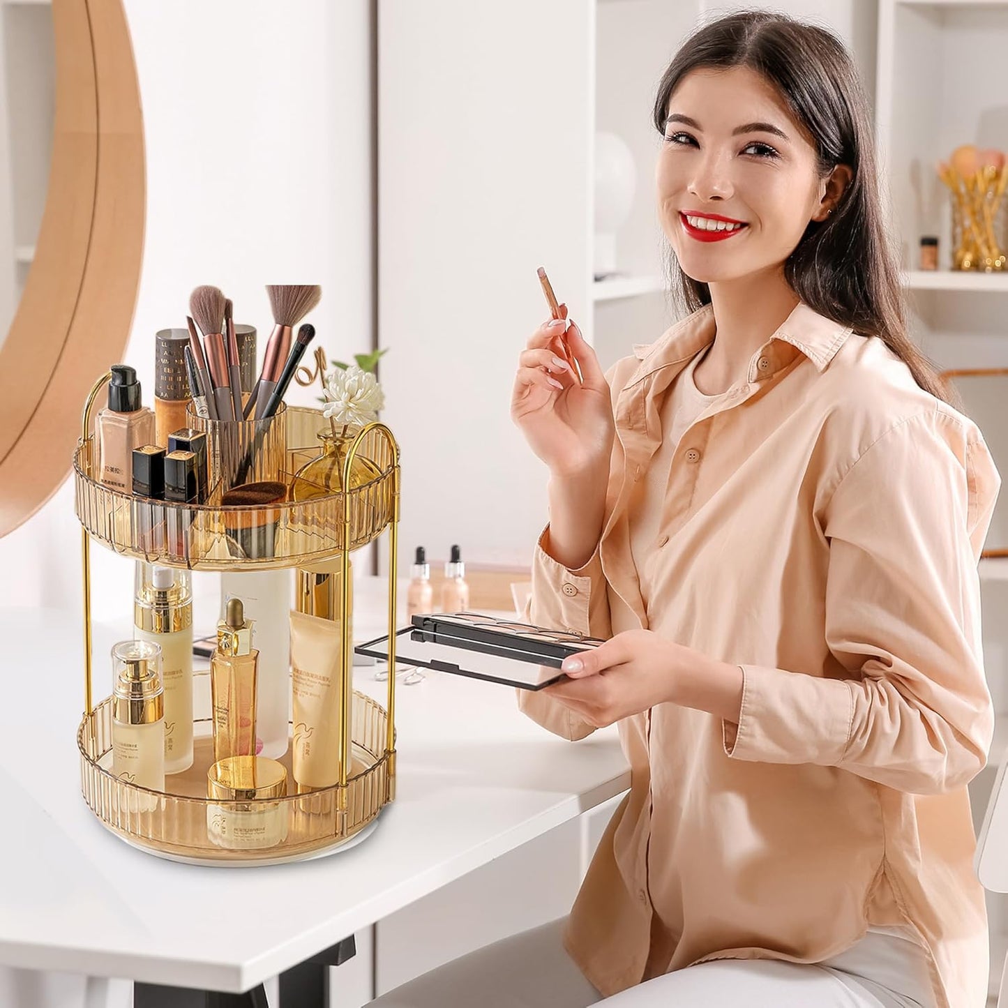 Aveniee 360 Rotating Makeup Organizer for Vanity, Upagraded Perfume Skincare Bathroom Counter Organizers with Brush Divider, Two Tier Spinning Lipstick CosmeticLotion Storage,Gold