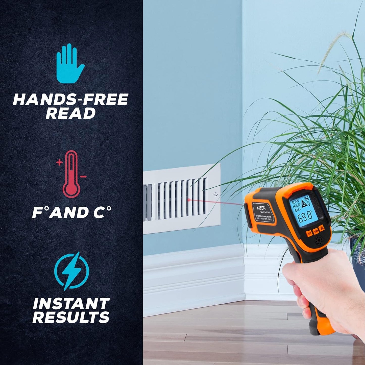 Kizen Infrared Temperature Gun - Handheld Surface Infrared Thermometer for Griddle, Grill, Pizza Oven, Candy, & A/C - Laser Thermometer Gun -58F to 1112F - Surface Temp Gun