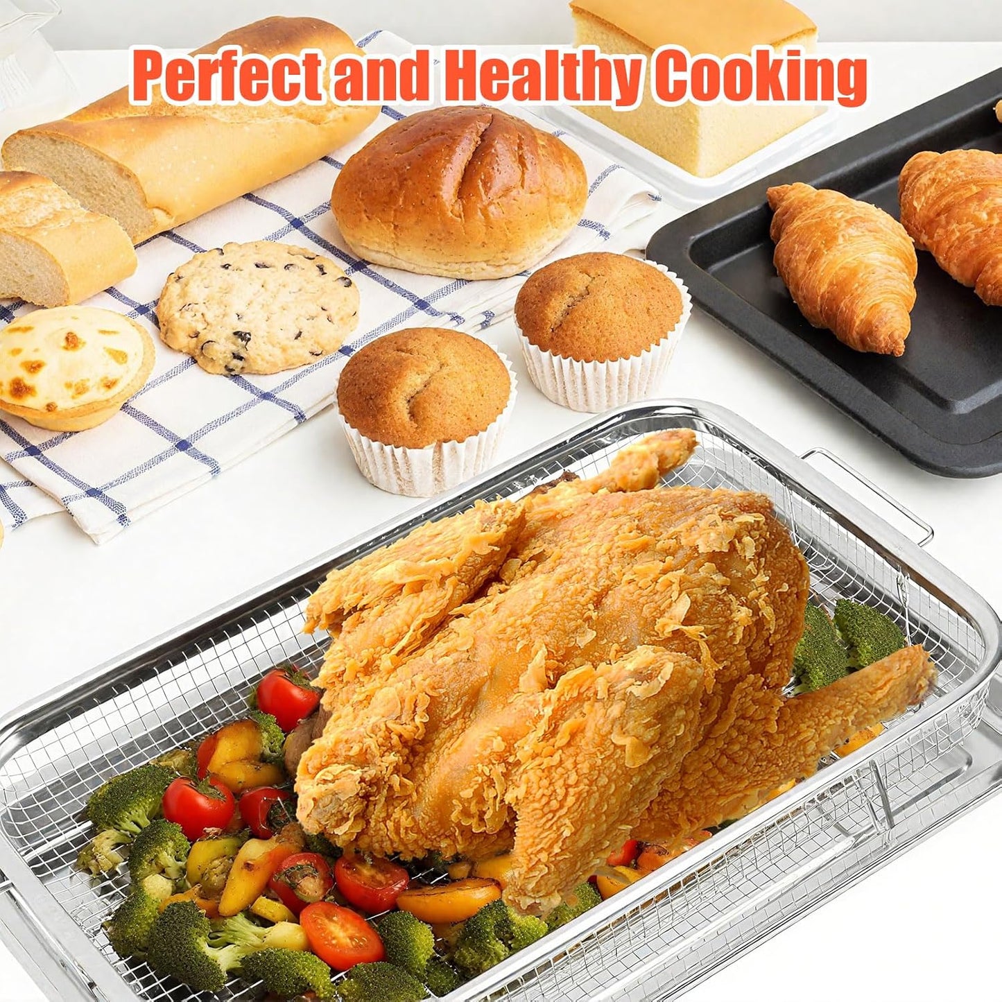 Large Air Fryer Basket for Oven 18.7" x 12.8",Stainless Steel Air Fryer Basket and Tray,Multifunctional Use,Non Stick,With 100 PCS Parchment Papers