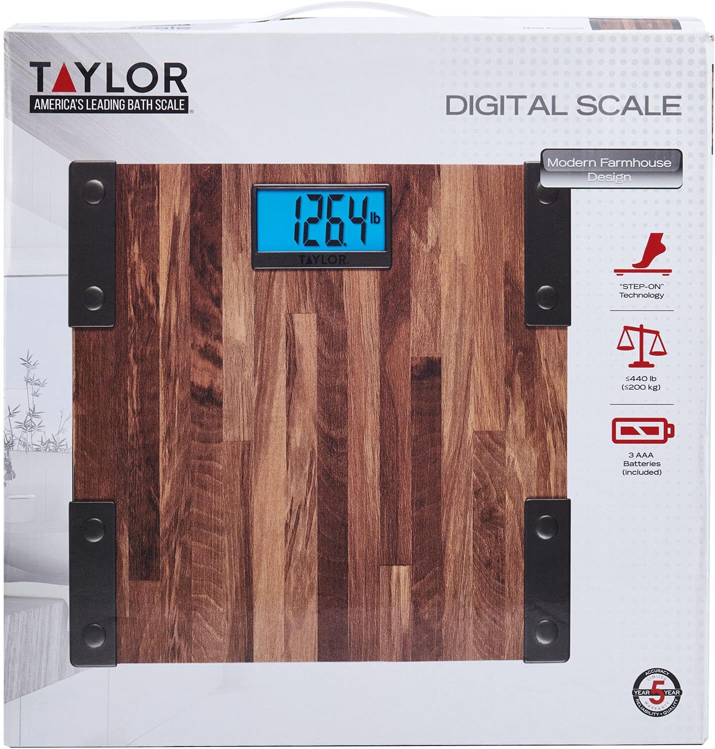 Taylor Digital Scales for Body Weight, Extra High Accurate 440 LB Capacity, Unique Blue LCD, Farmhouse Look, Auto On and OffScale, 12.4 x 12.4 Inches, Brown