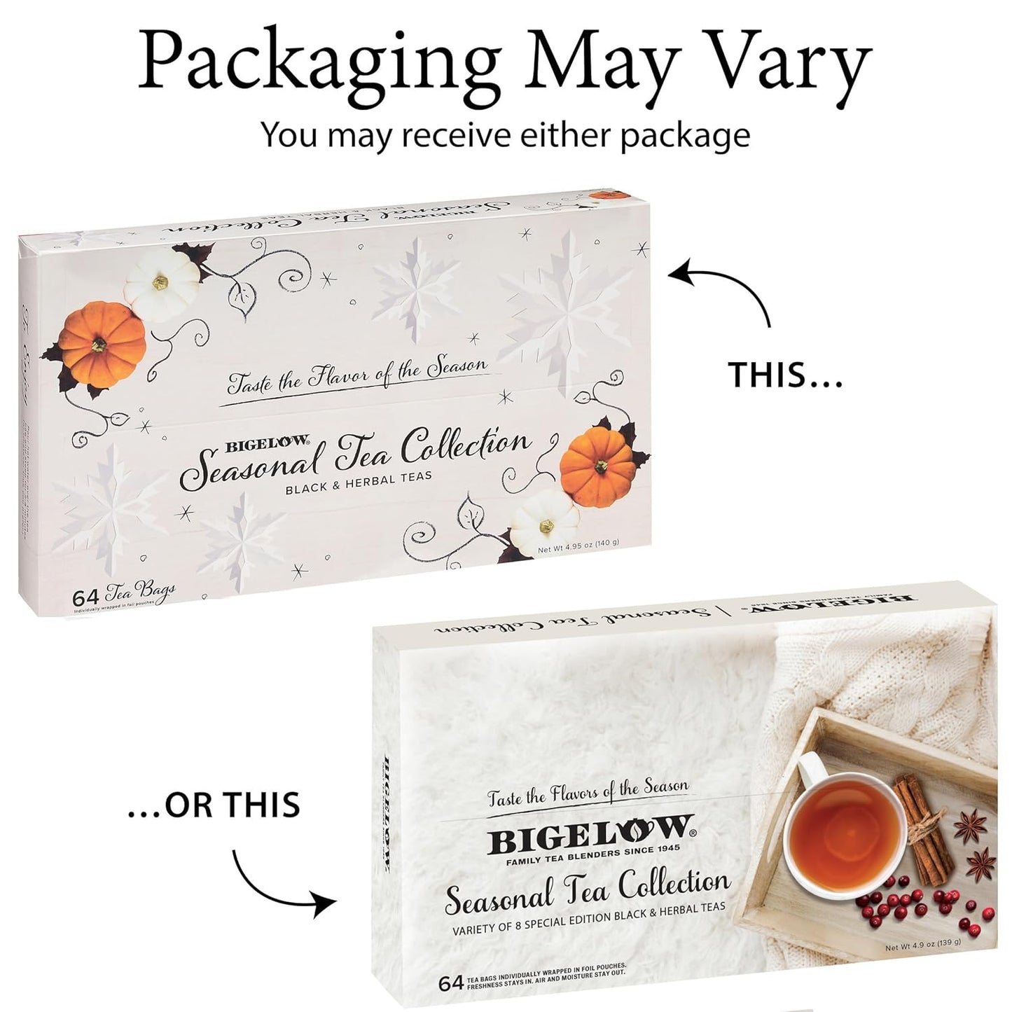 Bigelow Tea Seasonal Tea Collection, Caffeine Tea Variety Pack Gift Sampler, Holiday Tea Gift Set, 64 Count Box (Pack of 1), 64 Tea Bags Total