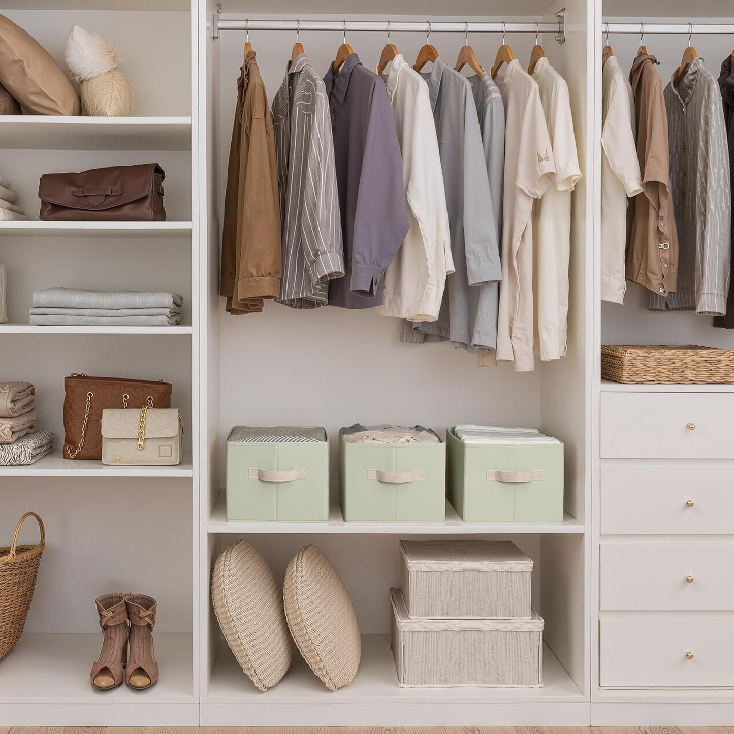 StorageWorks Storage Baskets for Shelves, Foldable Fabric Closet Storage Bins with Handles, Fabric Storage Bins Clothes Organizer, Light Green, 3-Pack, Large