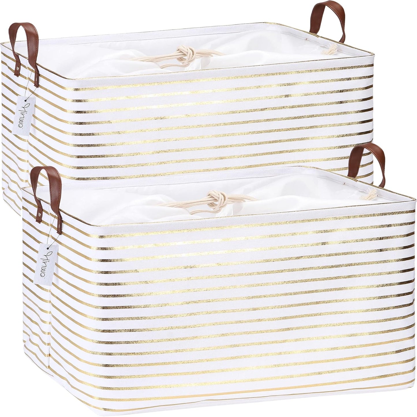 Hinwo 70L Extra Large Storage Bins, 2-Pack Closet Organizers and Storage, Foldable Clothes Storage Baskets with Handles, Containers for Clothing, Blanket, Comforters, Toys, Bedding (Gold Stripe)