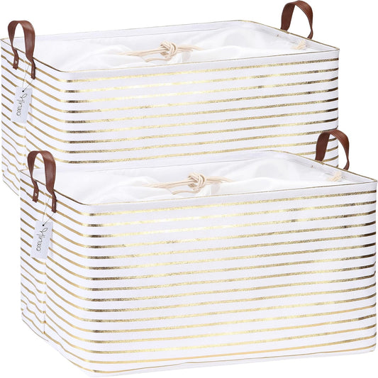 Hinwo 70L Extra Large Storage Bins, 2-Pack Closet Organizers and Storage, Foldable Clothes Storage Baskets with Handles, Containers for Clothing, Blanket, Comforters, Toys, Bedding (Gold Stripe)