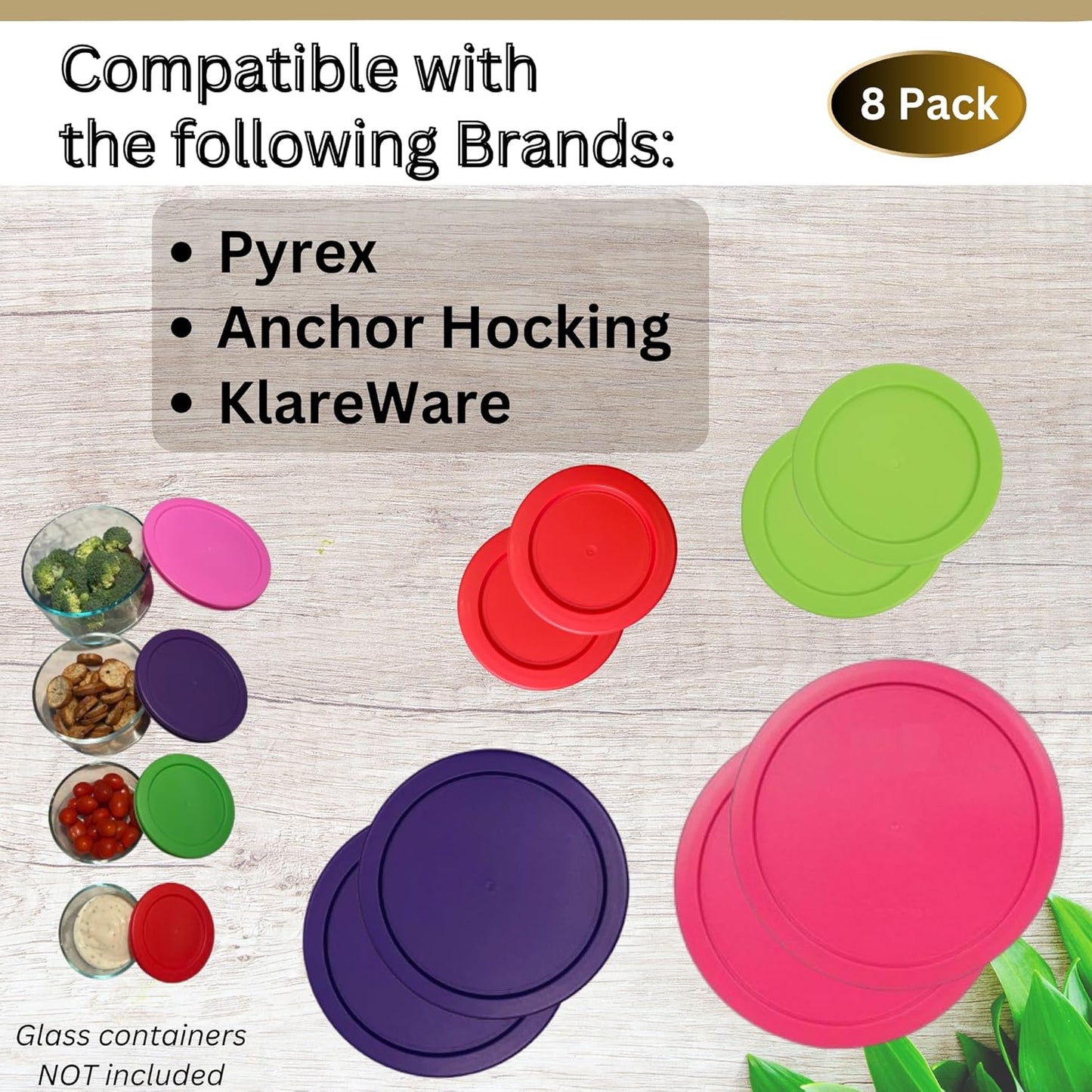 1, 2, 4 & 7 Cup Red, Spring Green, Purple, Pink Replacement Lids/Covers for Pyrex, Anchor Hocking & KlareWare Storage Bowls *Lids Only Glass Container Not Included* (8 Pack *Two of Each Size*)