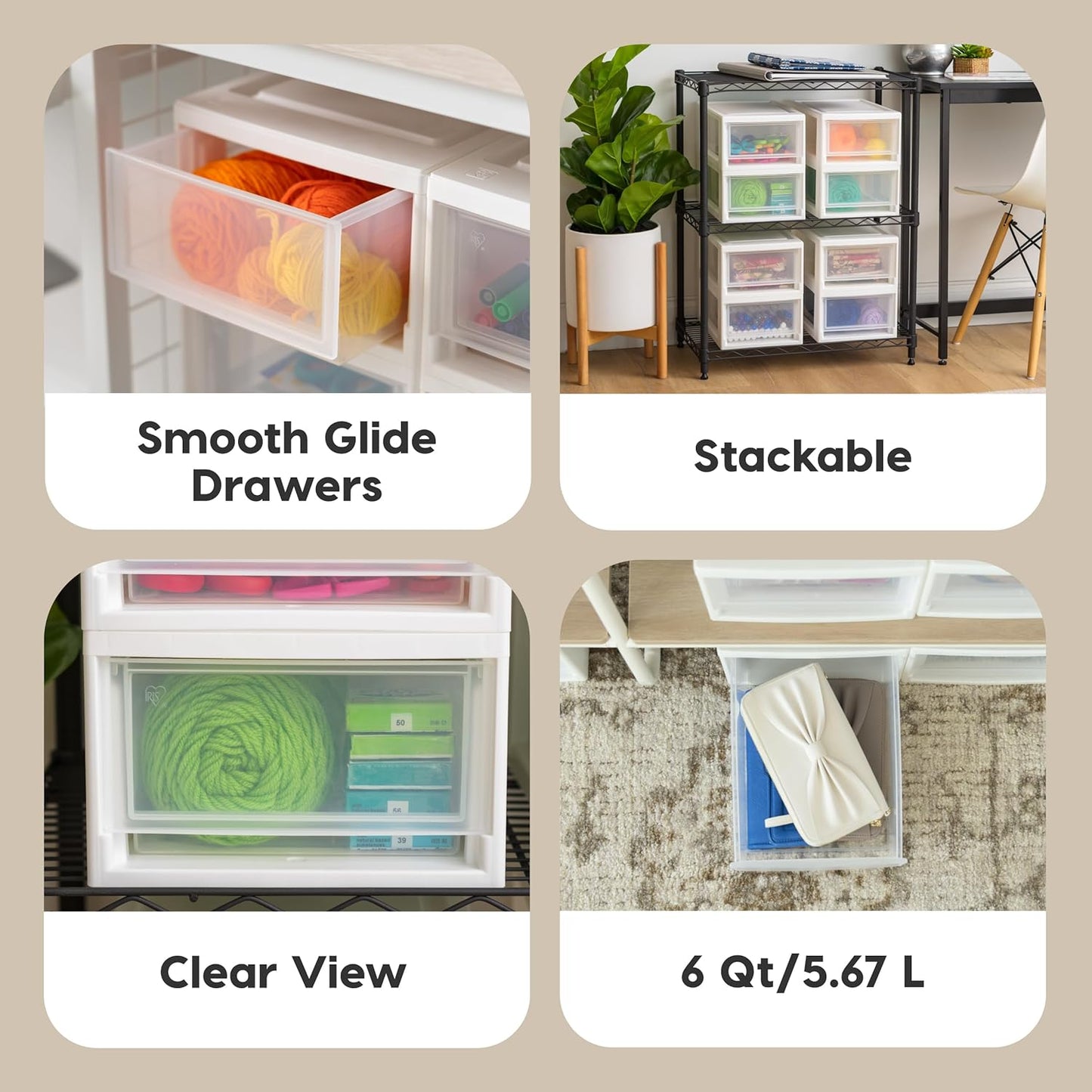 IRIS USA 6 Qt. Small Plastic Stacking Drawer, Stackable Storage Organizer Unit with Sliding Drawer for Bedroom Kitchen Under Sink Pantry Craft Room Dorm Office, White, 8-Pack