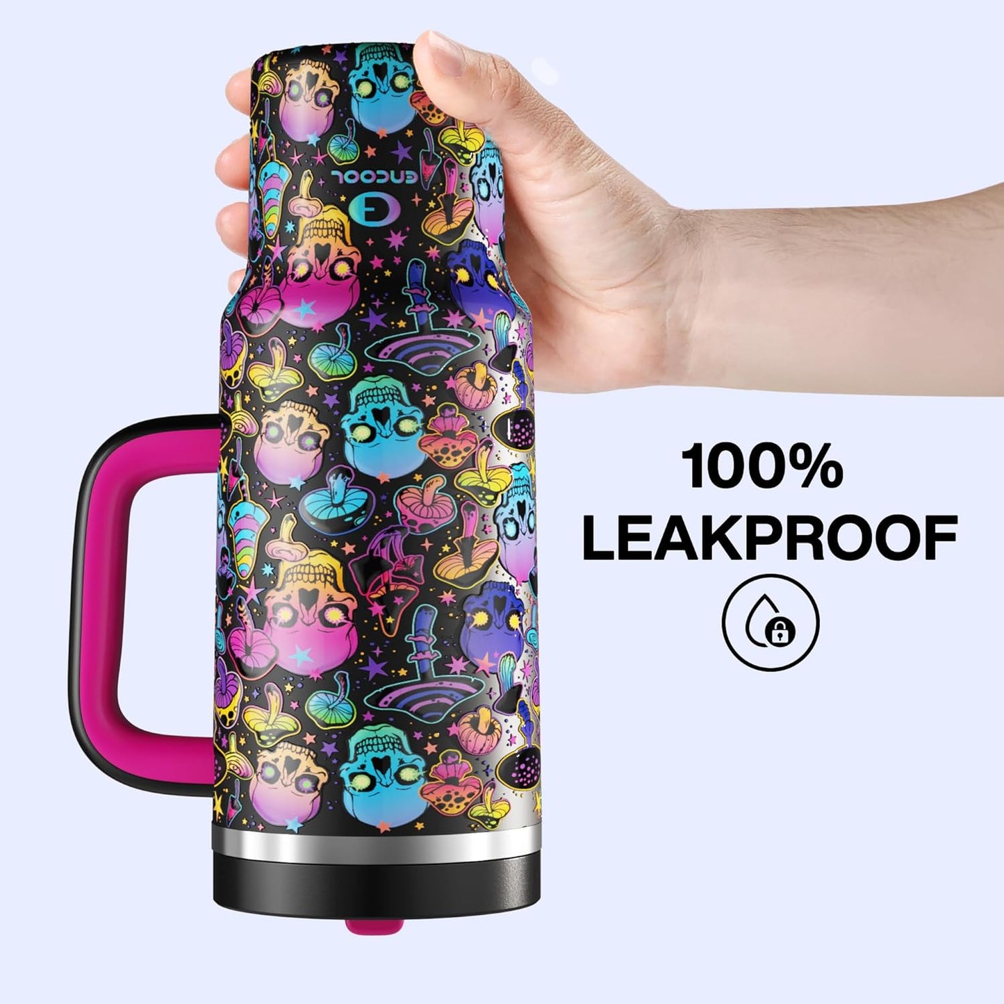 ENCOOL 40 oz Tumbler with Handle and Straw: Stainless Steel Insulated Tumbler Keeps Cold for 24 Hours, Leakproof Travel Cup Fits in Cup Holder and BPA-Free, Trippy Skulls
