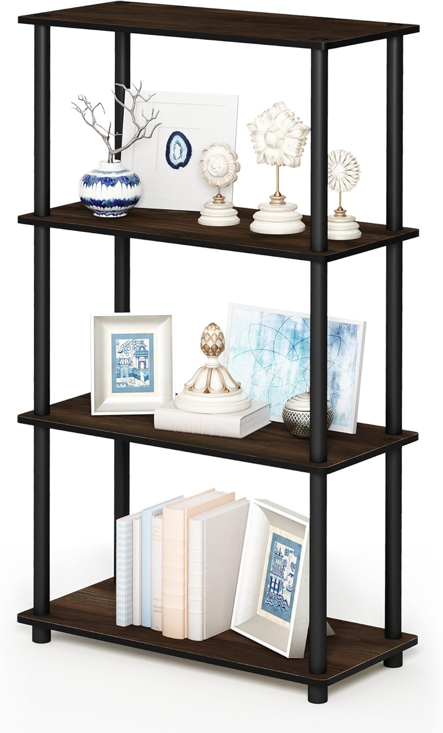 Furinno Turn-N-Tube 4-Tier Multipurpose Shelf Display Rack, Round Tubes, Columbia Walnut/Black