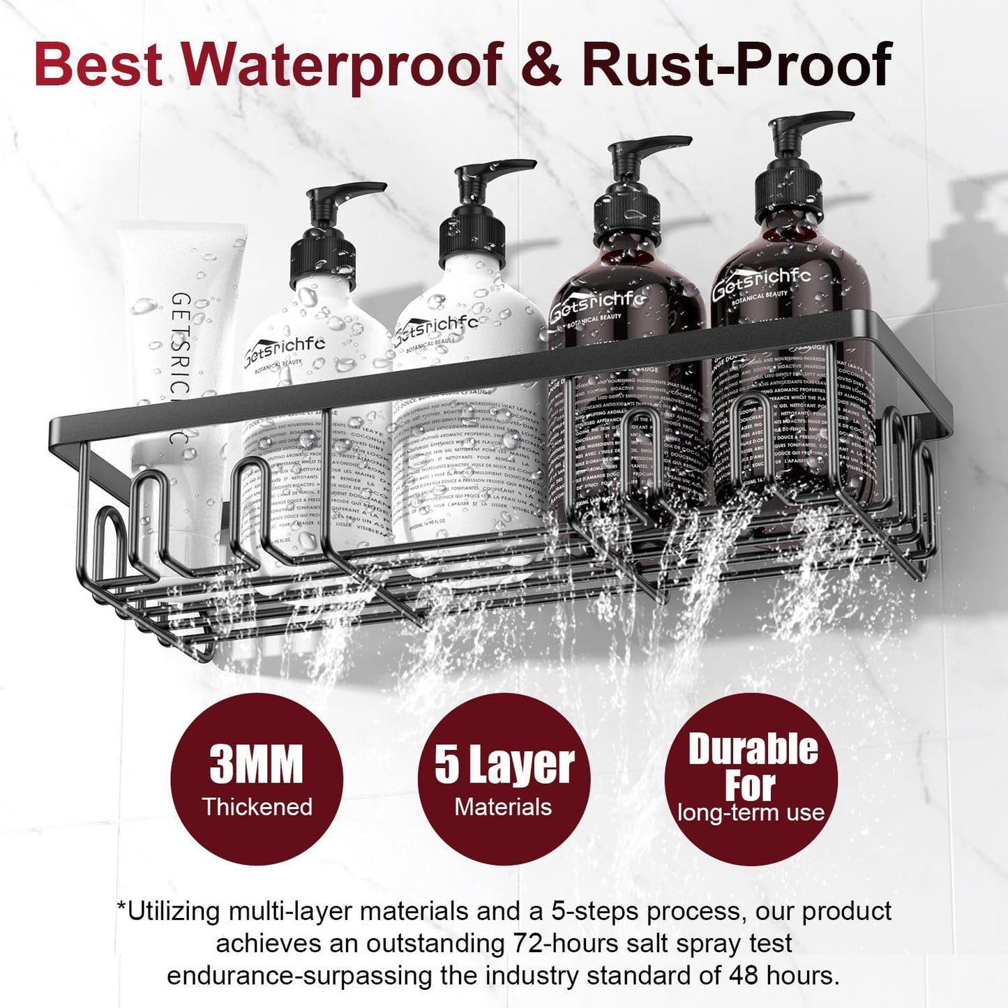 Adhesive Shower Caddy, Shower Shelves with 16 Hooks, Rustproof Shelf Wall Corner Racks for Inside Bath, No Drilling & Sleek Bathroom Organizers and Storage Caddies Soap Holder, 2 Pack