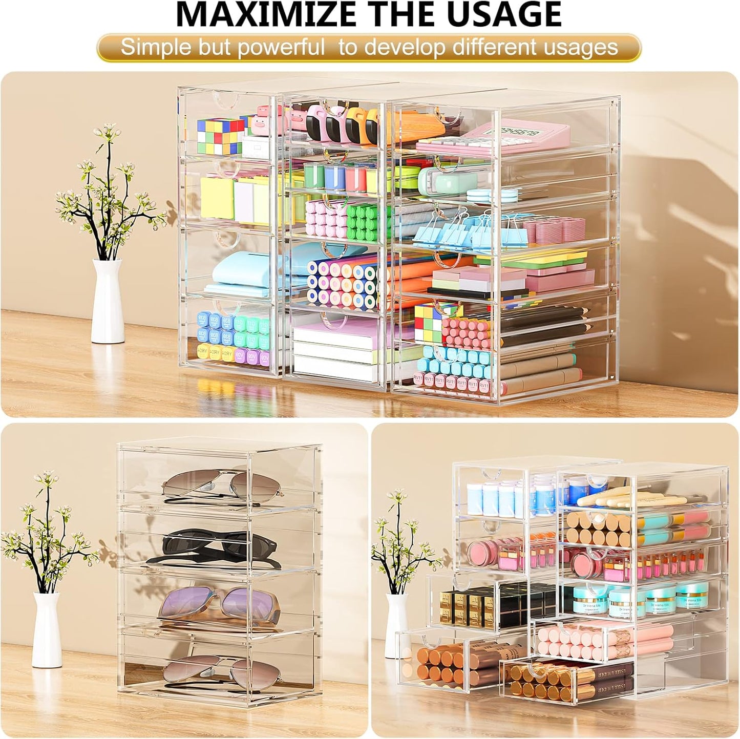 Acrylic 3 Pack Desk Organizers and Accessories, Makeup Organizer Storage With 15 Drawers, Desk Organizers, Dustproof Drawer Organizer and Storage for Make Up, Jewelry, DIY Pen