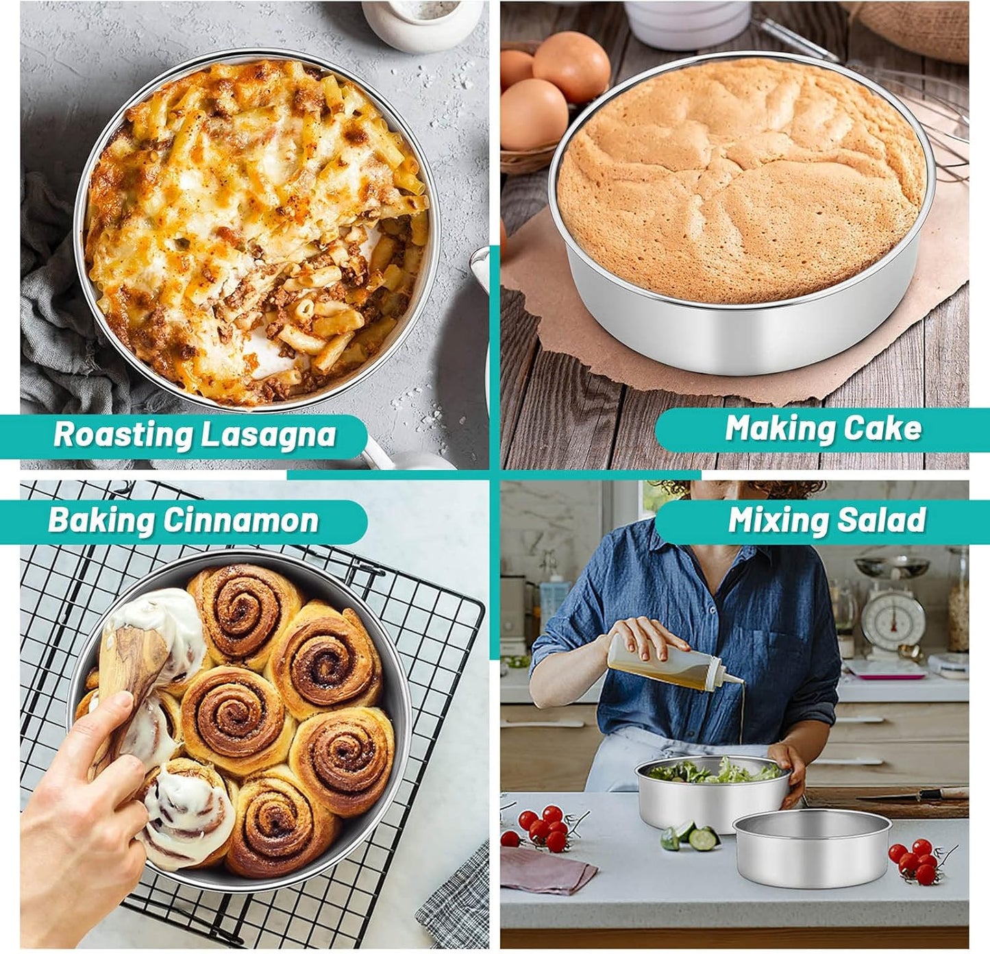 TeamFar Round Cake Pan, 8’’ x 3’’ Stainless Steel Deep Baking Roasting Cake Pan for Birthday Party Wedding, Non-Toxic & Heavy Duty, Deep & Straight Wall, Mirror Finish & Dishwasher Safe