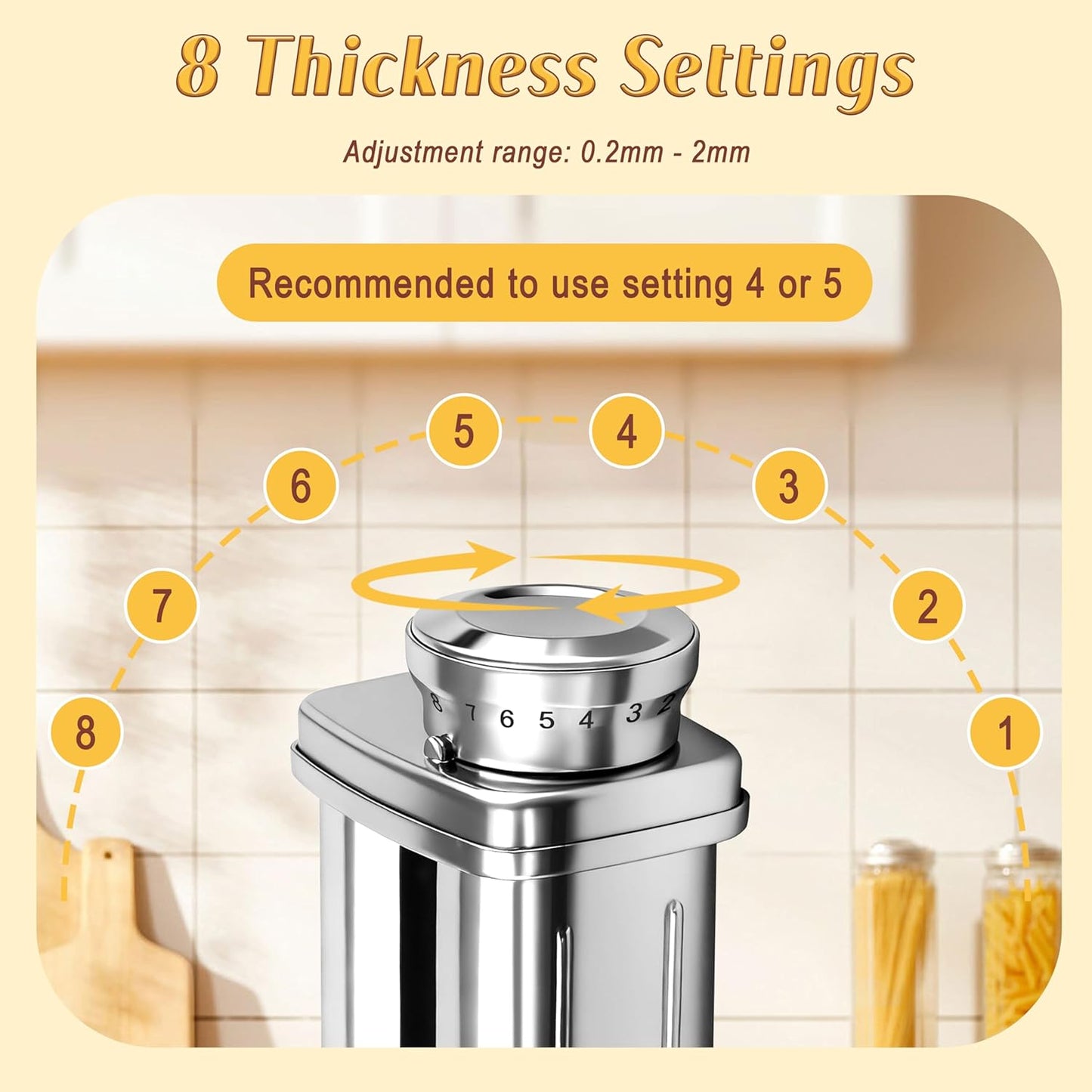 Pasta Roller Attachment for KitchenAid Stand Mixer, Stainless steel Pasta Roller Attachment with 8 Adjustable thickness knob, Stainless Steel Pasta Maker accessory Machine