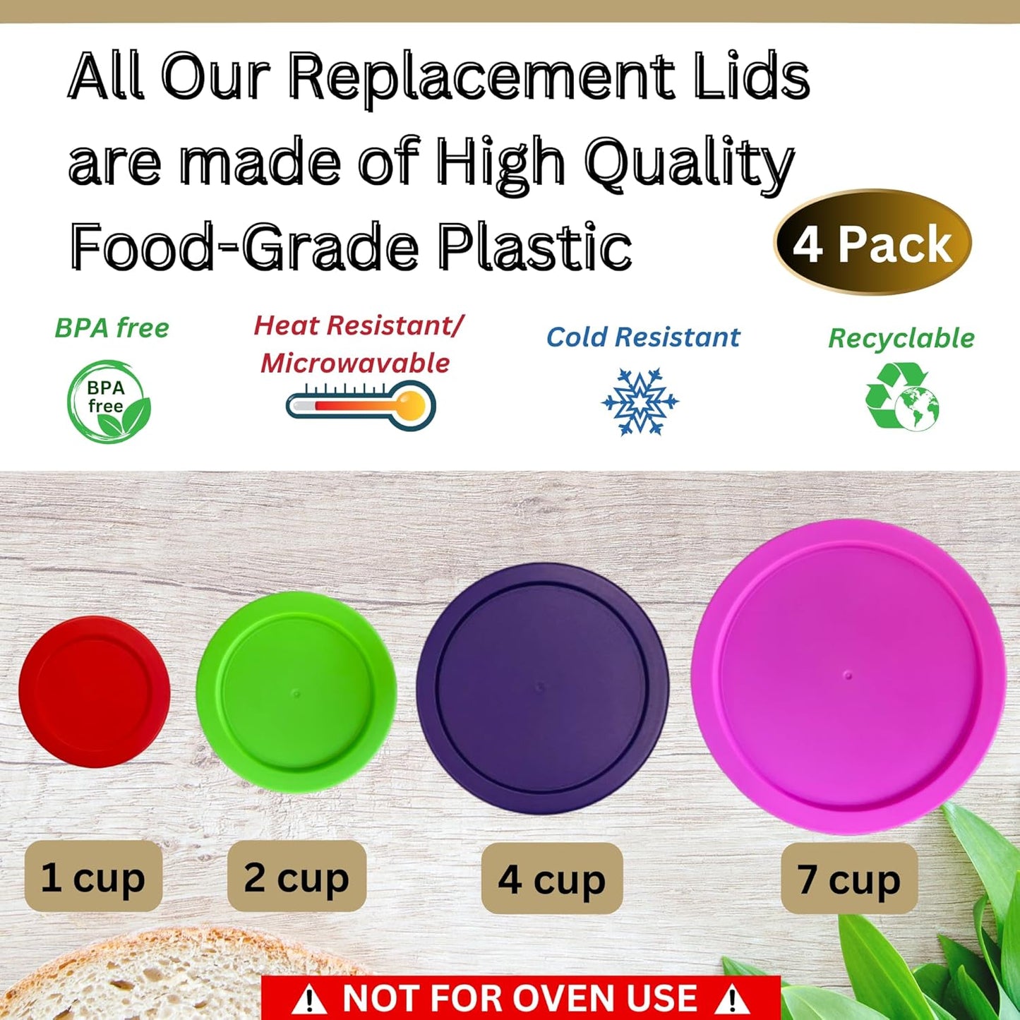 1, 2, 4 & 7 Cup Red, Spring Green, Purple Pink Replacement Lids/Covers for Pyrex, Anchor Hocking & KlareWare Storage Bowls *Lids Only Glass Container Not Included* (4 Pack *One of Each Size*)