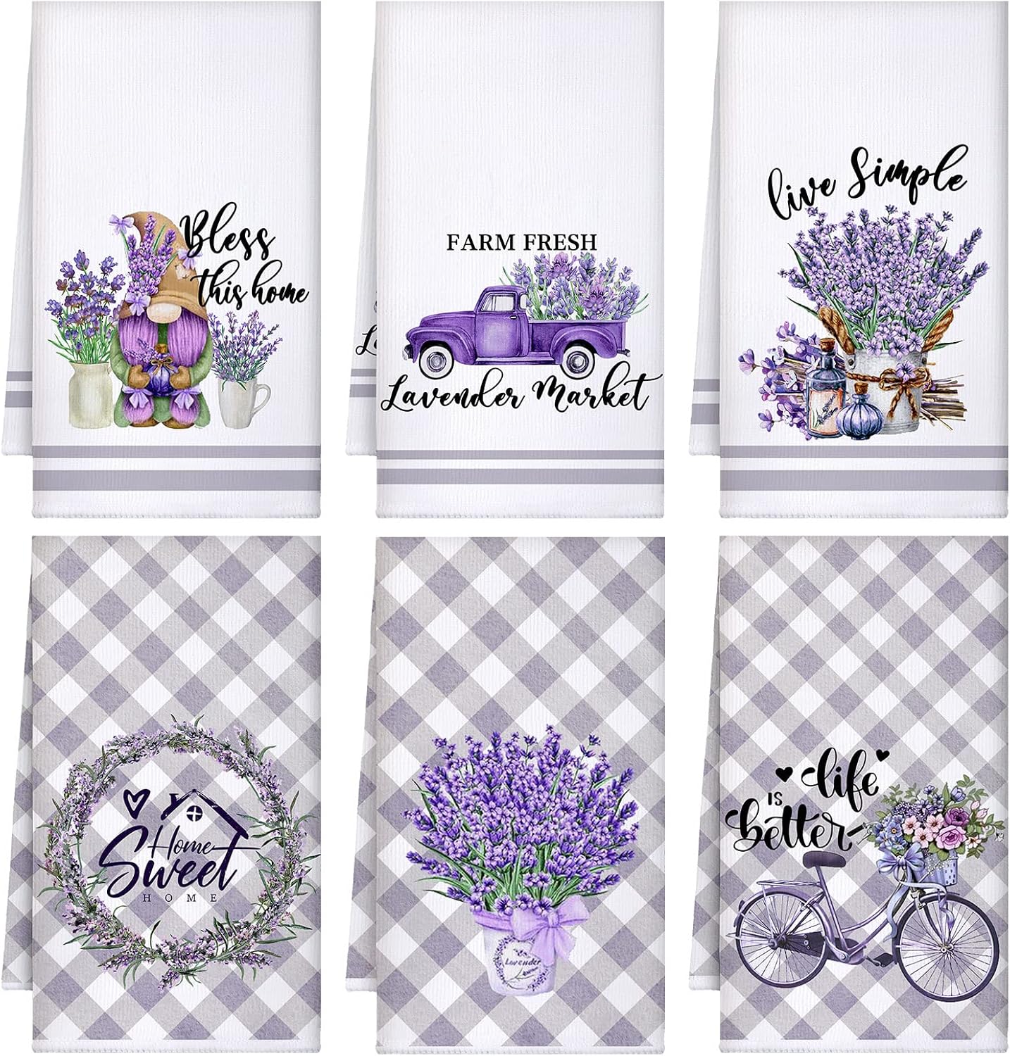 Set of 6 Lavender Kitchen Towels Purple Floral Dishtowels Rustic Absorbent Purple Tea Hand Towels 24 x 16 Inches Lavender Lover Gifts for Farmhouse Kitchen Bathroom Accessories Decorations