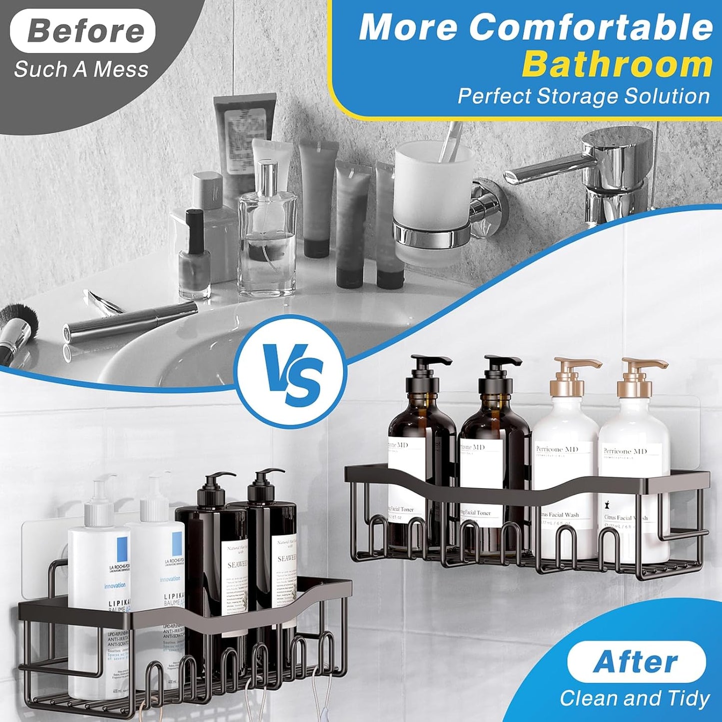 EUDELE Shower Caddy 2 Pack, Adhesive Organizer for Bathroom Storage&Home Decor&Kitchen organizers and storage, No Drilling, Large Capacity, Rustproof Stainless Steel Organizer, Decor Sets