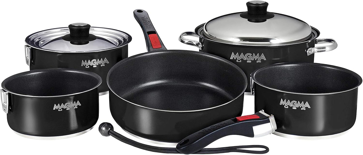 Magma 10 Piece Gourmet Nesting Stainless Steel Cookware Set with Ceramica Non-Stick, Induction Compatible, Oven Safe to 500°F - Suitable for All Stovetops, Removable Handles, Jet Black