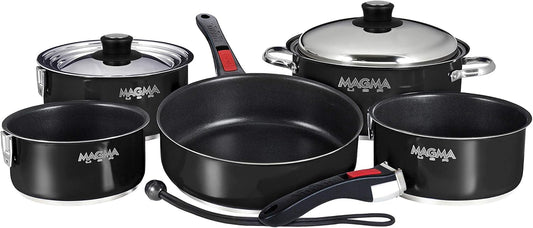Magma 10 Piece Gourmet Nesting Stainless Steel Cookware Set with Ceramica Non-Stick, Induction Compatible, Oven Safe to 500°F - Suitable for All Stovetops, Removable Handles, Jet Black