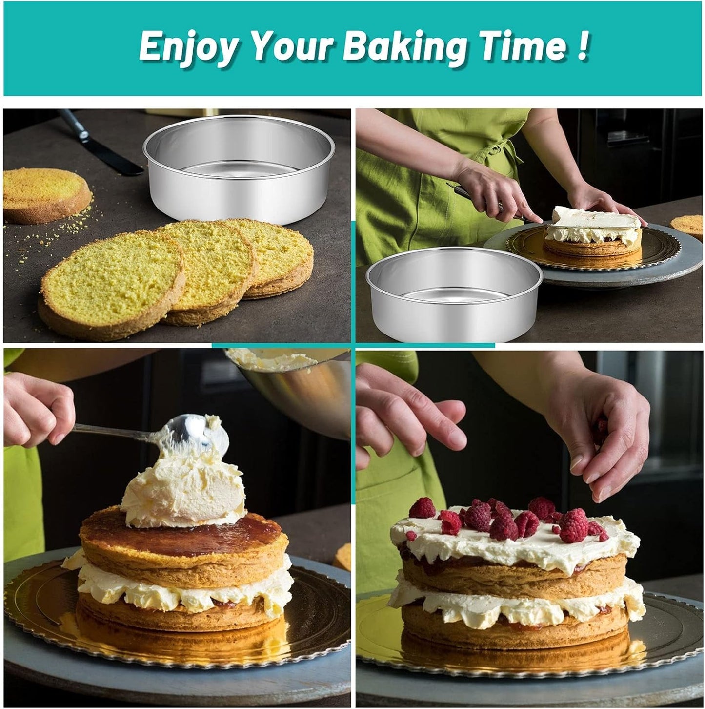 TeamFar Round Cake Pans, 9½’’x3’’ Stainless Steel Deep Tier Baking Cake Pan for Wedding Birthday Party, Non-Toxic & Heavy Duty, Straight & Deep Wall, Mirror Finish & Dishwasher Safe - Set of 2