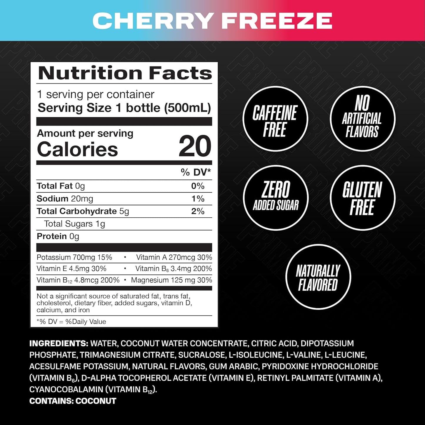 PRIME Hydration CHERRY FREEZE, Sports Drinks, Electrolyte Enhanced for Replenishing Fluids, 250mg BCAAs, B Vitamins, Antioxidants, Low Sugar, 16.9 Fl Oz, 12 Pack