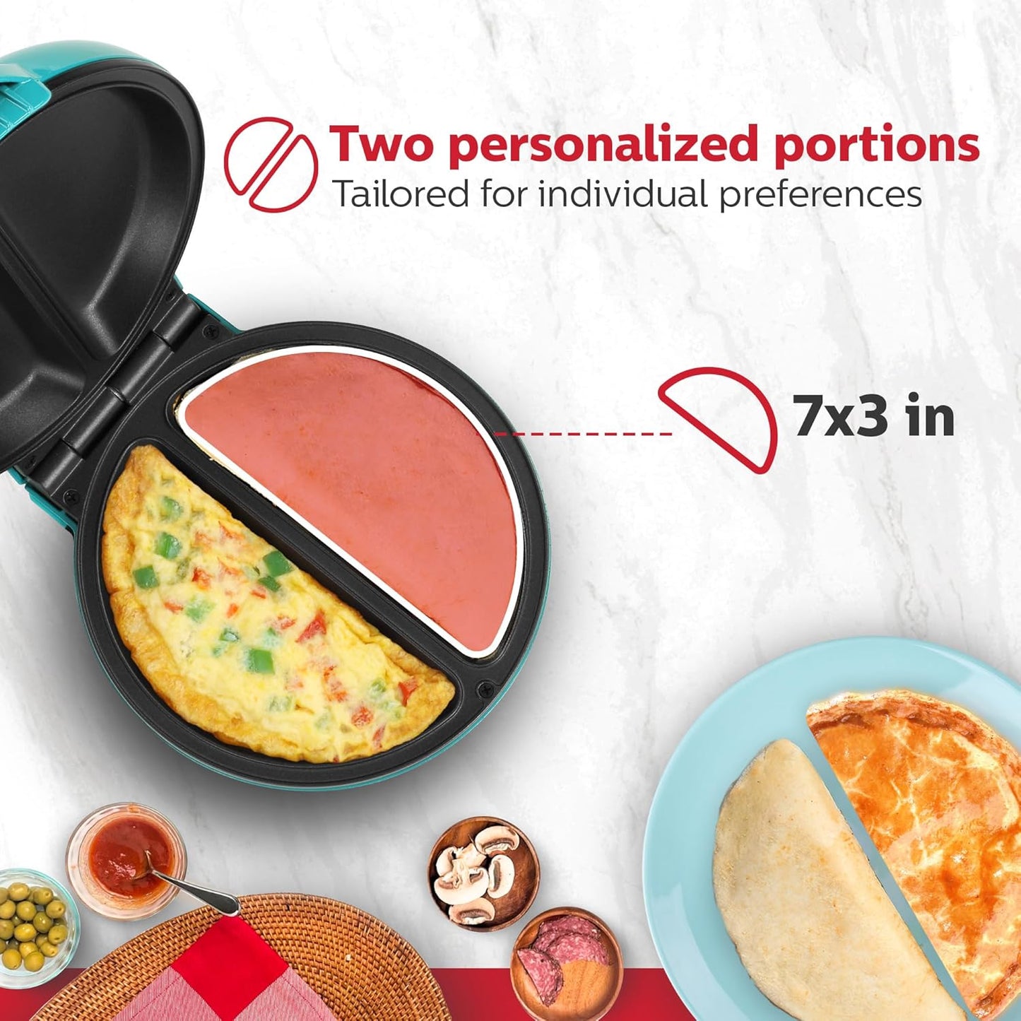 Holstein Housewares Stainless Steel 2 Section Omelet & Frittata Maker, Non Stick Coating, Easy To Clean, Indicator Lights, Compact Storage, Prepare Versatile Recipes in Minutes. 2 Portions, Teal