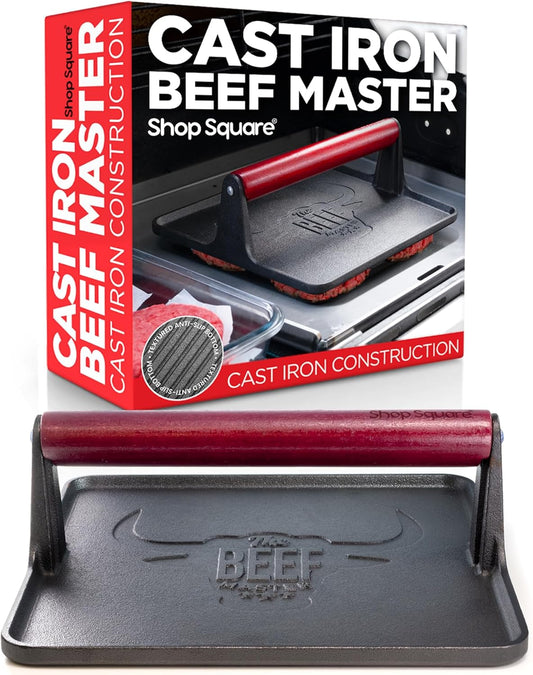 The Beef Master Cast Iron Grill Press - XL Burger Press, Pre-Seasoned Griddle Press, Heavy Duty Meat Press for Bacon, Burgers, and Steak with Cool Touch Handle - 10”x10”x4”