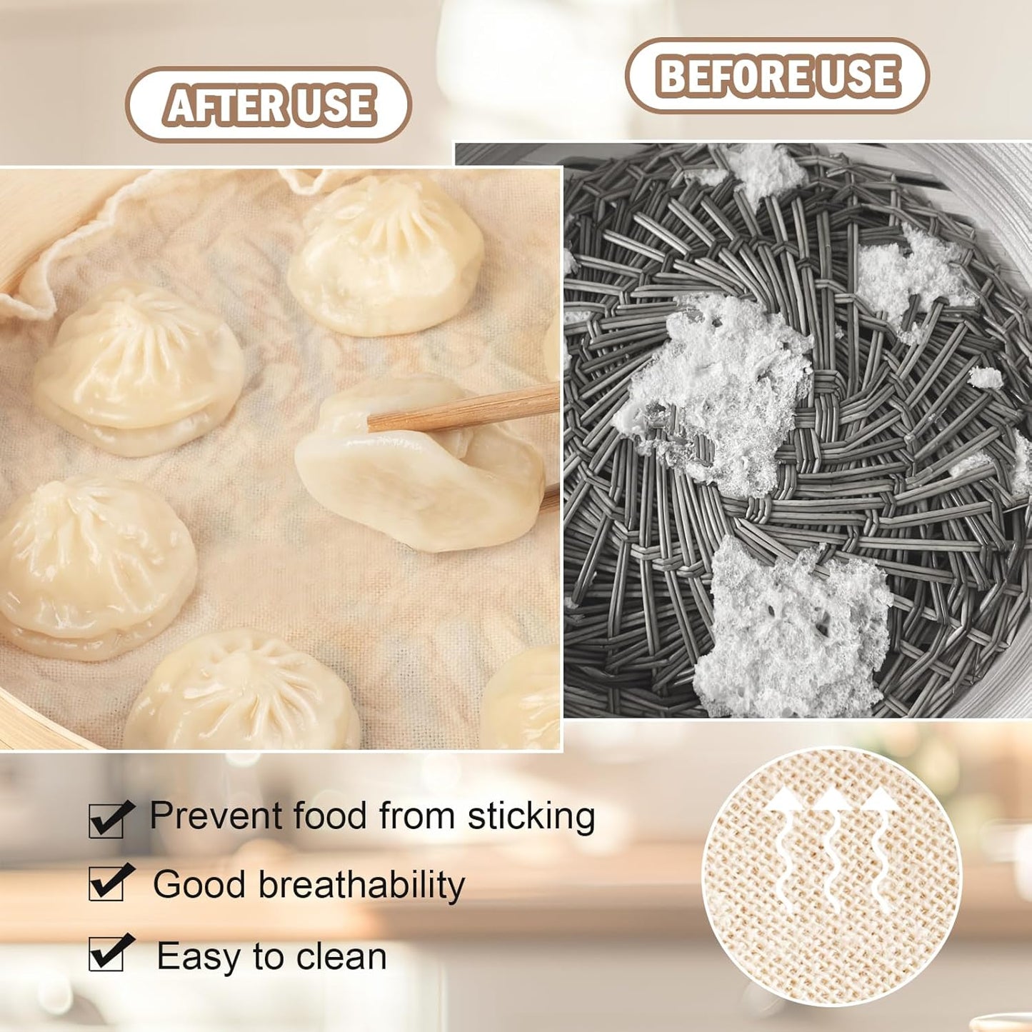 6 Pcs Linen Bamboo Steamer Liner, 10" Round Air Fryer Parchment Liners, Reusable & Non Stick for Food Vegetable Steamer, Air Fryer, Dumpling & Dim Sum