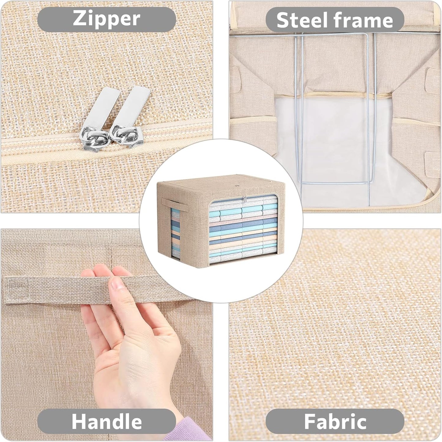 FHSQX Extra Large Clothes Storage Bins Foldable Metal Frame Storage Box Stackable Linen Fabric Box Organizer Set with Carrying Handles and Clear Window (Beige, 23.6x 16.5x 15.7 Inch)