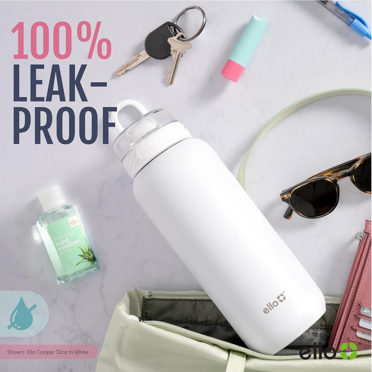 Ello Cooper 32oz Stainless Steel Water Bottle with Straw and Carry Handle, Double Walled and Vacuum Insulated Metal, Leak Proof Locking Lid with Soft Silicone Spout, Reusable, BPA Free, Bubblegum