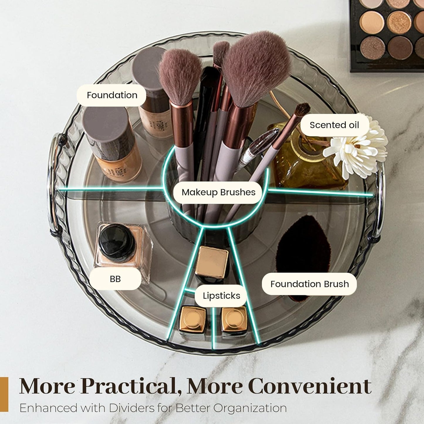 Aveniee 360° Rotating Makeup Organizer for Vanity, Upagraded Perfume Skincare Bathroom Counter Organizers with Brush Divider, Two Tier Spinning Lipstick Cosmetic Lotion Storage,Grey