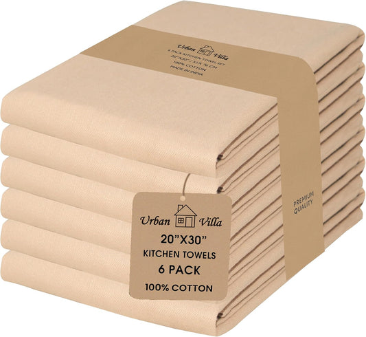 Urban Villa Kitchen Towels Solid Beige Towels Set of 6 20" X30” 100% Cotton Highly Absorbent Quick Drying Dish Cloths & Dish Towels Thanksgiving Fall Tea Towels with Hanging Loop Towels