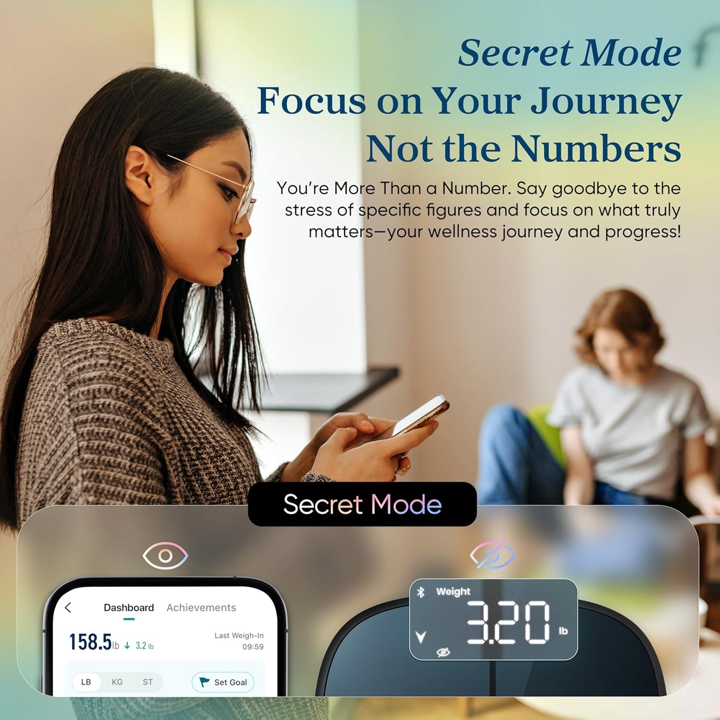 Etekcity Smart Rechargeable Scale for Body Weight, BMI, Fat, Muscle Mass, Digital Bathroom Scale with 13 Metrics, Secret Mode, Bluetooth Connect to Free Apps, Stealth Black