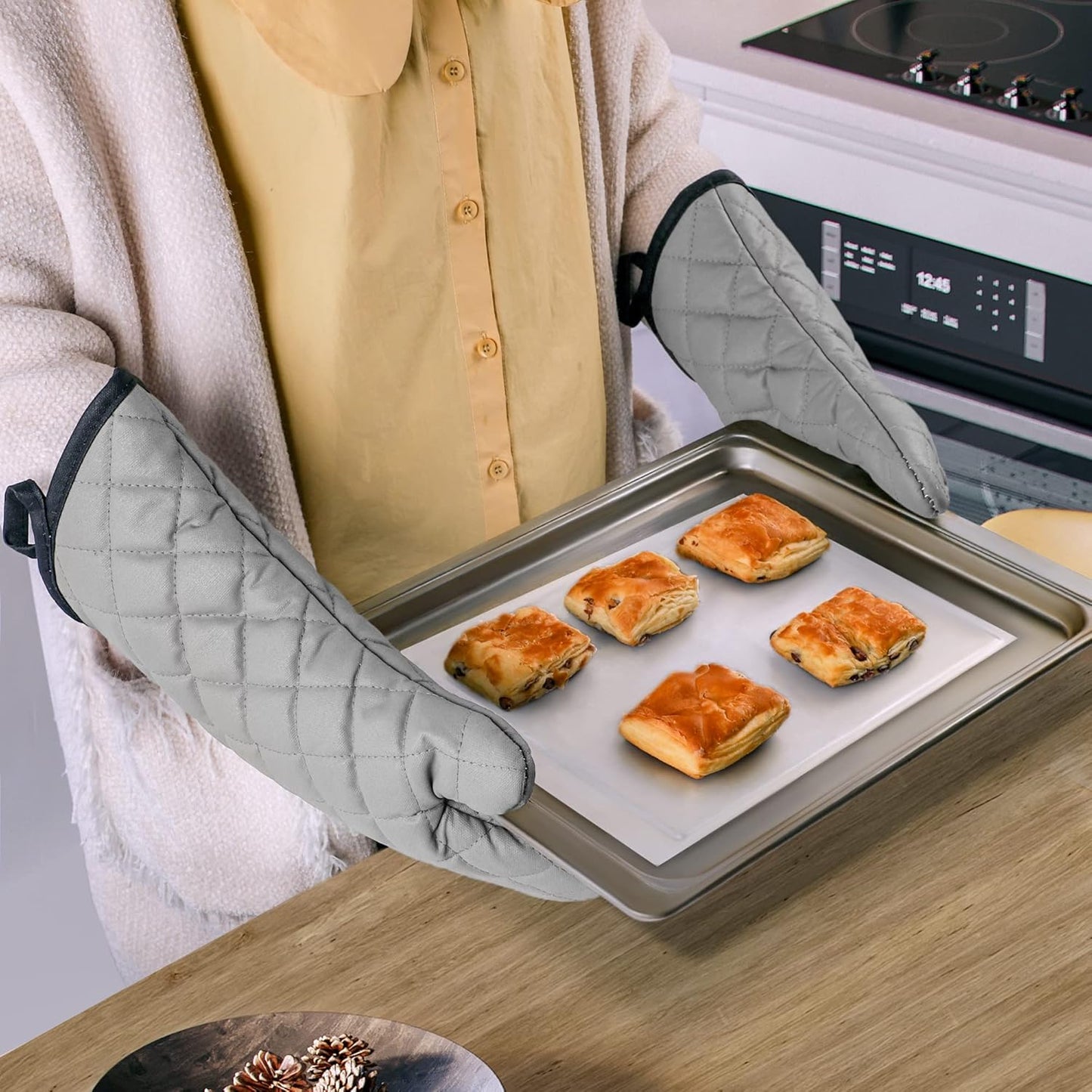ARCLIBER Oven Mitts 1 Pair of Terry Cloth Lining - Heat Resistant Kitchen Gloves,Flame Oven Mitt Set,15 Inch