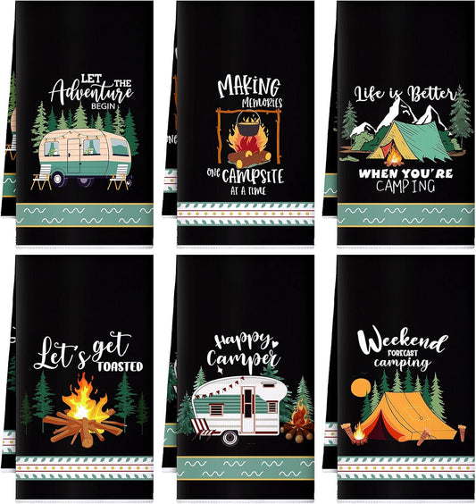 Boyiee 6 Pcs Camping Kitchen Towels Black Absorbent Dish Towels Bonfire Tent Car Tea Towels 24 x 16 Inches with Funny Sayings Novelty Gifts for Campers Happy Camper Camping Accessories for RV Campers