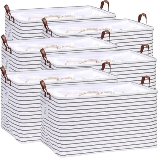Hinwo 70L Extra Large Storage Bins, 6-Pack Closet Organizers and Storage, Foldable Clothes Storage Baskets with Handles, Containers for Clothing, Blanket, Comforters, Toys, Bedding (Gray Stripe)