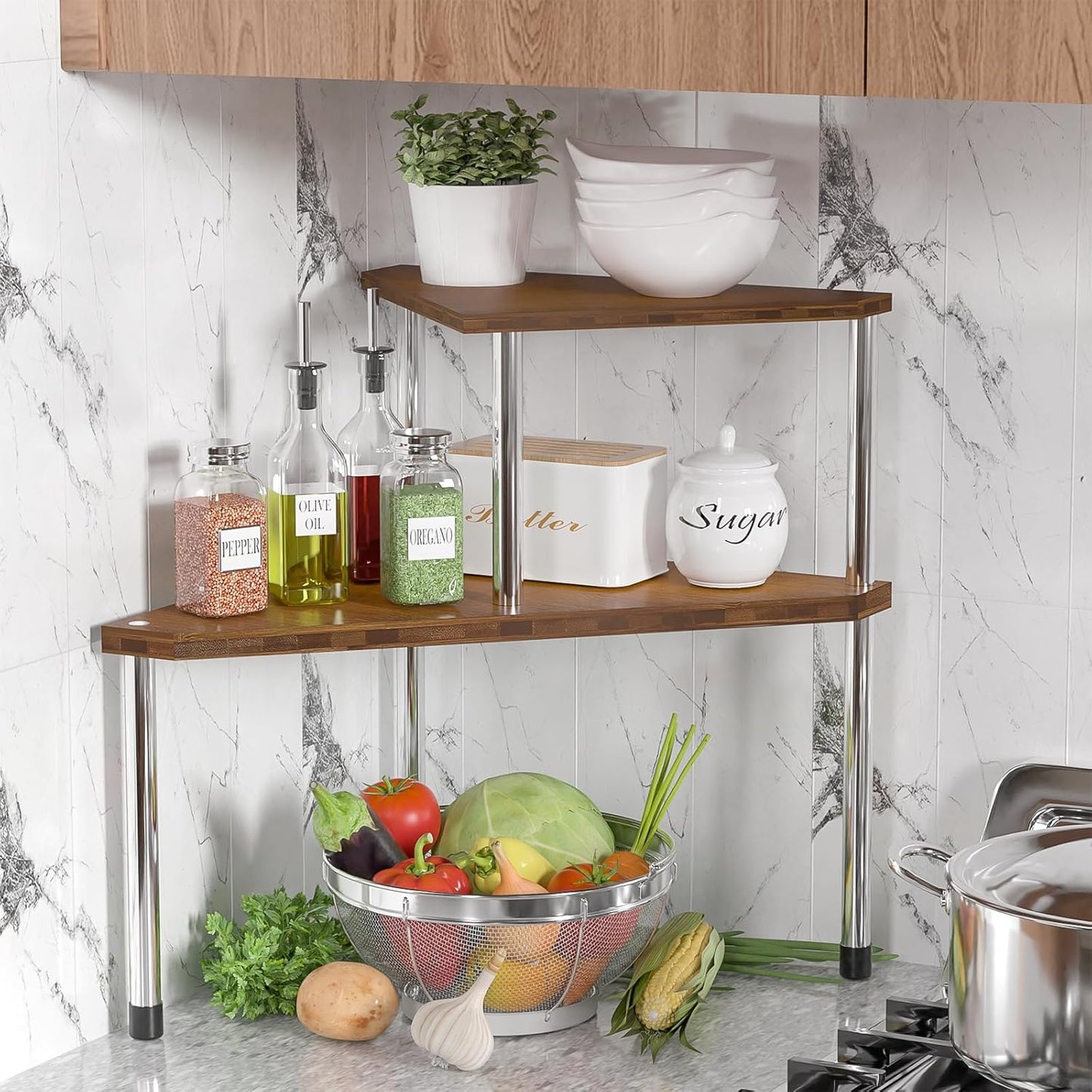 Weenson Bathroom Organizer Countertop, Bathroom Sink Organizer for Toiletries, Makeup, Skincare, Bamboo 2-Tier Kitchen Countertop Organizer for Spice Salt (Brwon)