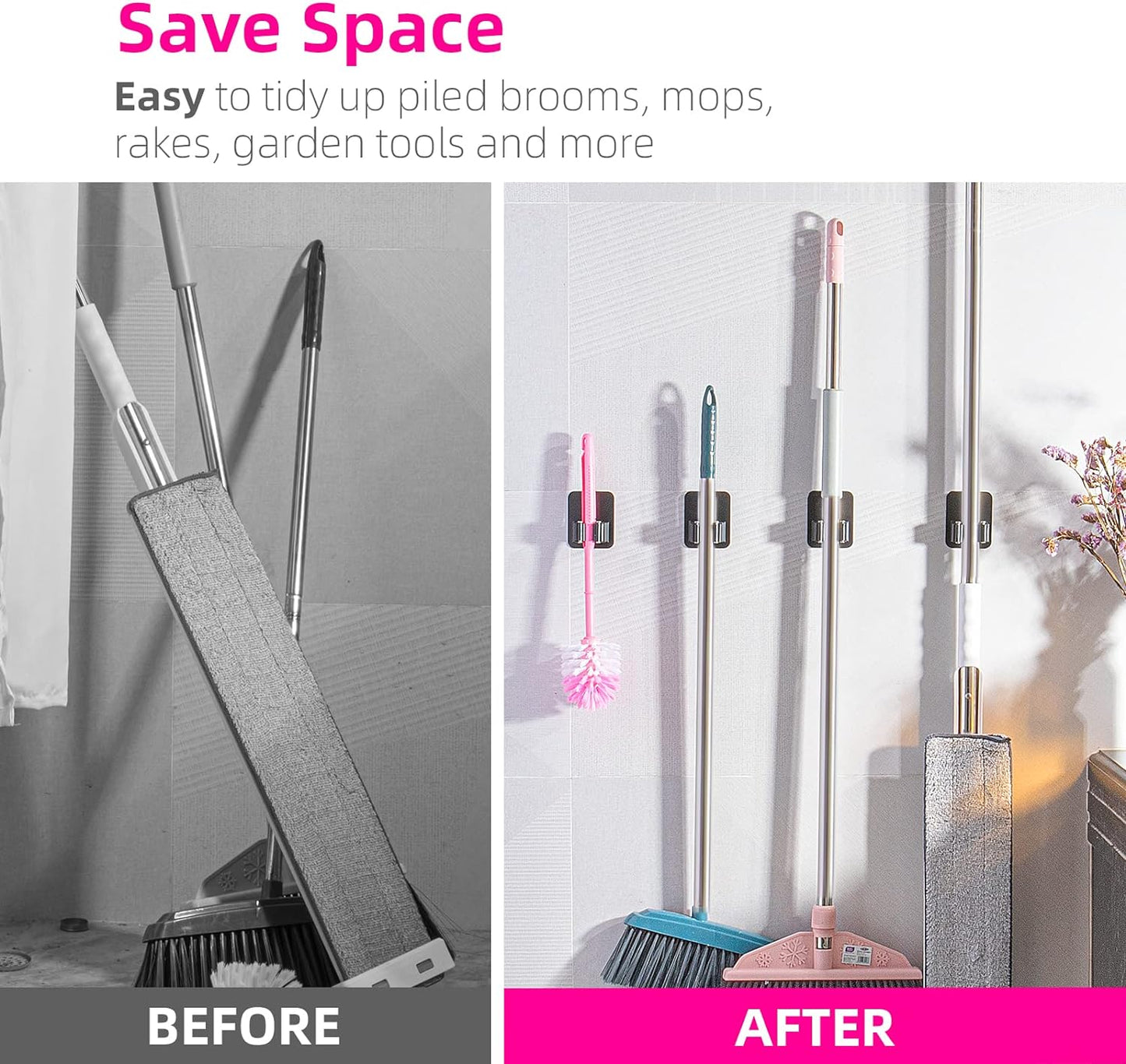 4 Pack Broom Holder Wall Mount, Improved Super Anti-Slip Mop and Broom Holder Wall Mount, Broom Hanger Gripper for Kitchen, Bathroom, Closet, Garden Garage, Black