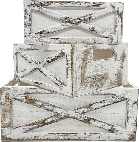 Admired By Nature Wooden Crates Storage Container, 3pc Farmhouse Style Decorative Baskets for Home Decor, Rustic Decor, Nesting Stackable Organizers, Distressed Wood Crates, Achromatic Barn Door White