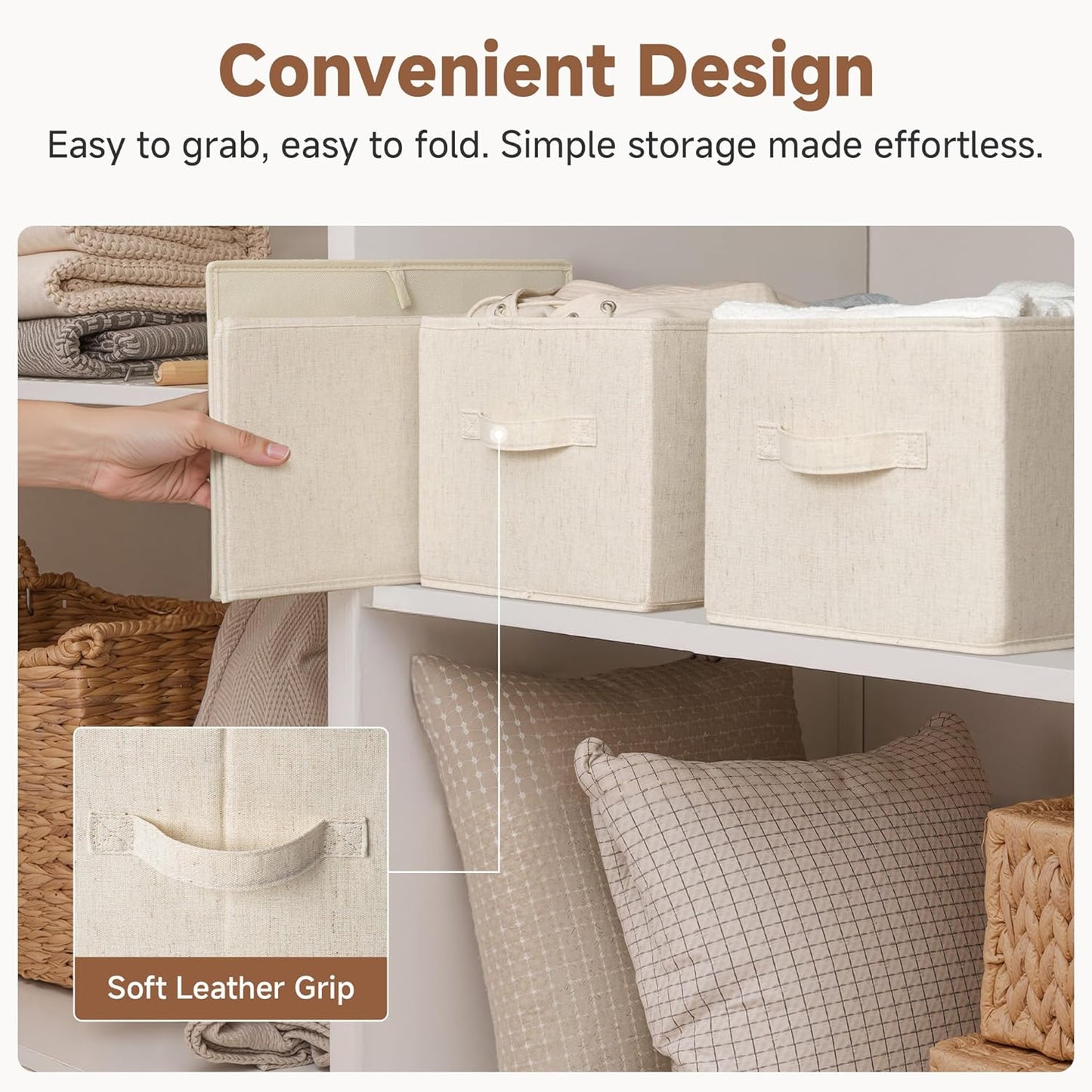 StorageWorks Storage Baskets for Shelves, Foldable Fabric Closet Storage Bins with Handles, Fabric Storage Bins Clothes Organizer, Beige(Cotton-linen), 3-Pack, Large