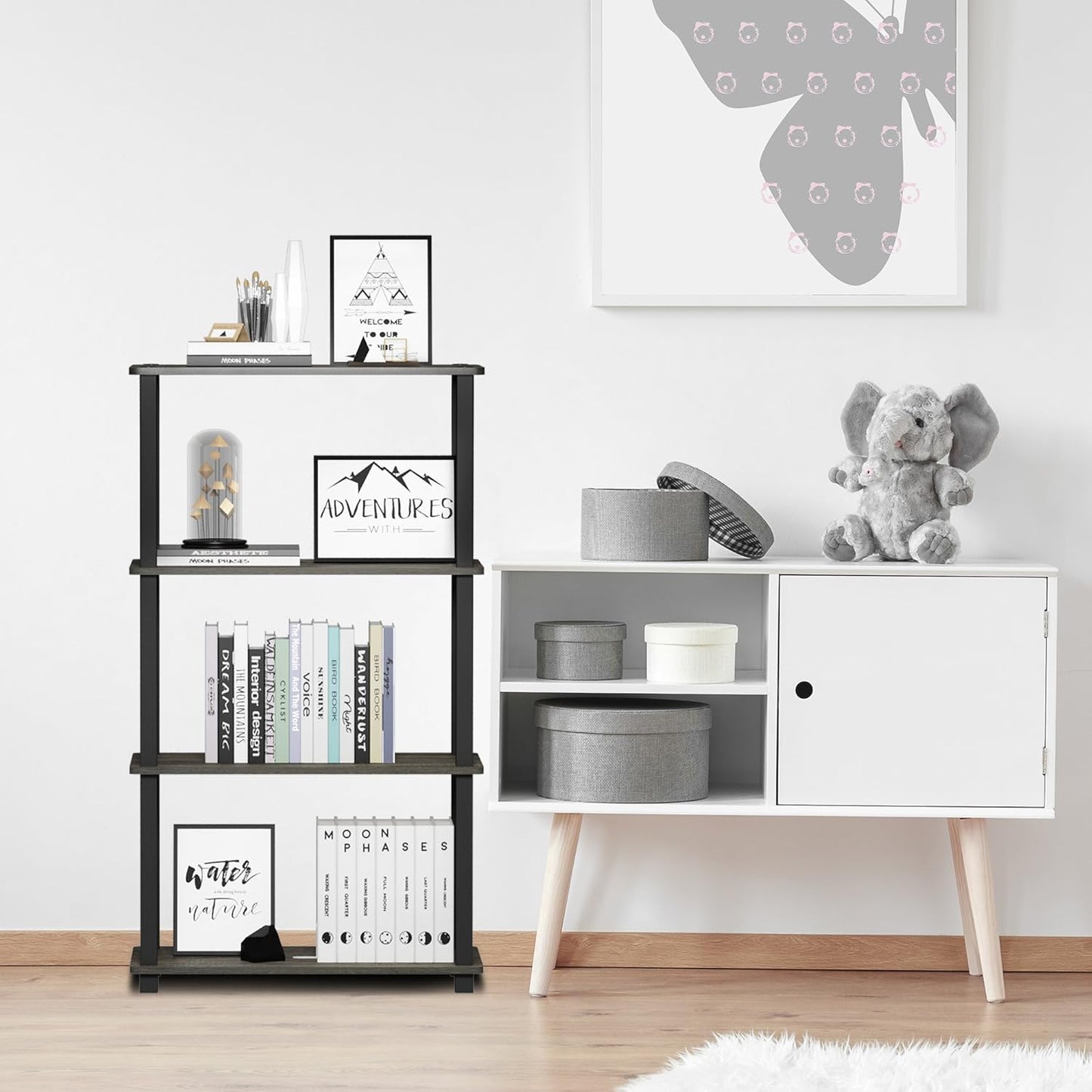 Furinno Turn-N-Tube 4-Tier Multipurpose Shelf Display Rack, Square Tube, French Oak Grey/Black