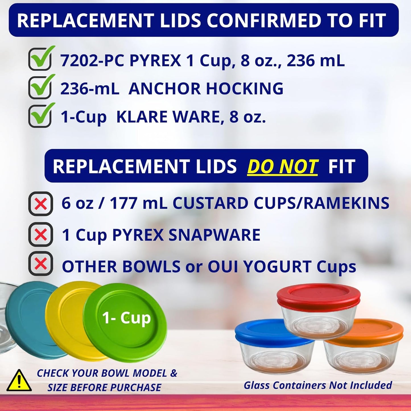 1, 2, 4 & 7 Cup Blue Replacement Lids/Covers for Pyrex, Anchor Hocking & KlareWare Storage Bowls *Lids Only Glass Container Not Included* (4 Pack *One of Each Size*)