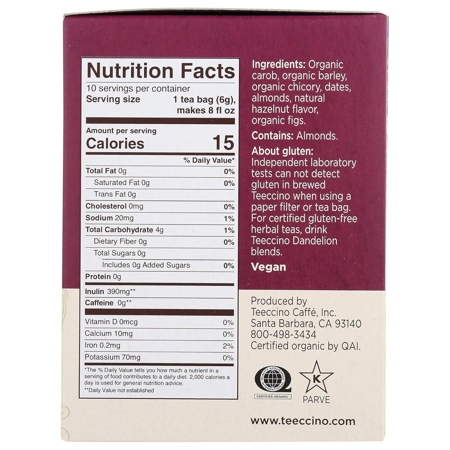 Teeccino Hazelnut & Vanilla Nut Herbal Tea Variety Pack - Roasted Herbal Tea That’s Caffeine Free & Prebiotic for Natural Energy, 10 Tea Bags (Pack of 4)