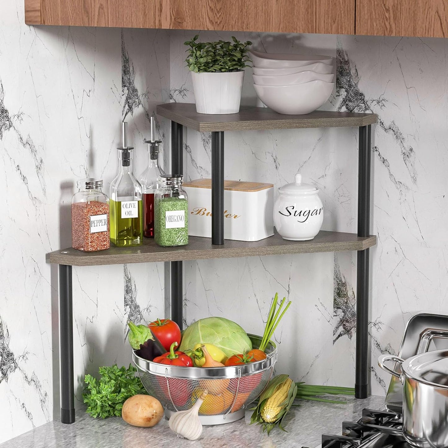 Weenson Bathroom Counter Organizer Over Sink Organizer for Toiletries, Makeup, Kitchen Countertop Organizer Spice Rack for Salt, 2-Tier Corner Counter Shelf for Coffee Area Storage(Rustic Grey)