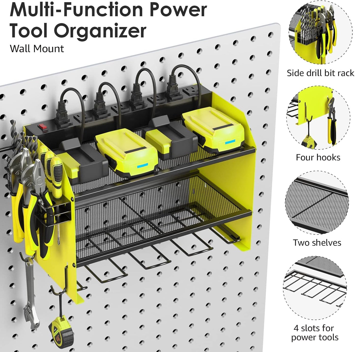 CCCEI Modular Power Tool Organizer Wall Mount with Charging Station. Garage Drill Storage Shelf with Hooks, Heavy Duty Rack, Tool Battery Holder Built in 8 Outlet. Gift for Men. Green, 1 Pack.
